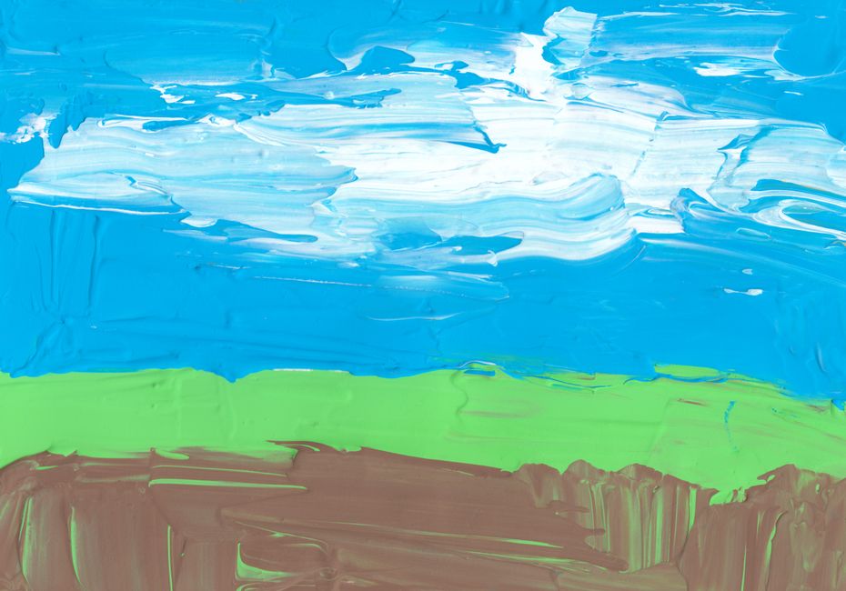 Abstract painting with vivid blue, green, and brown brushstrokes representing a sky and landscape.